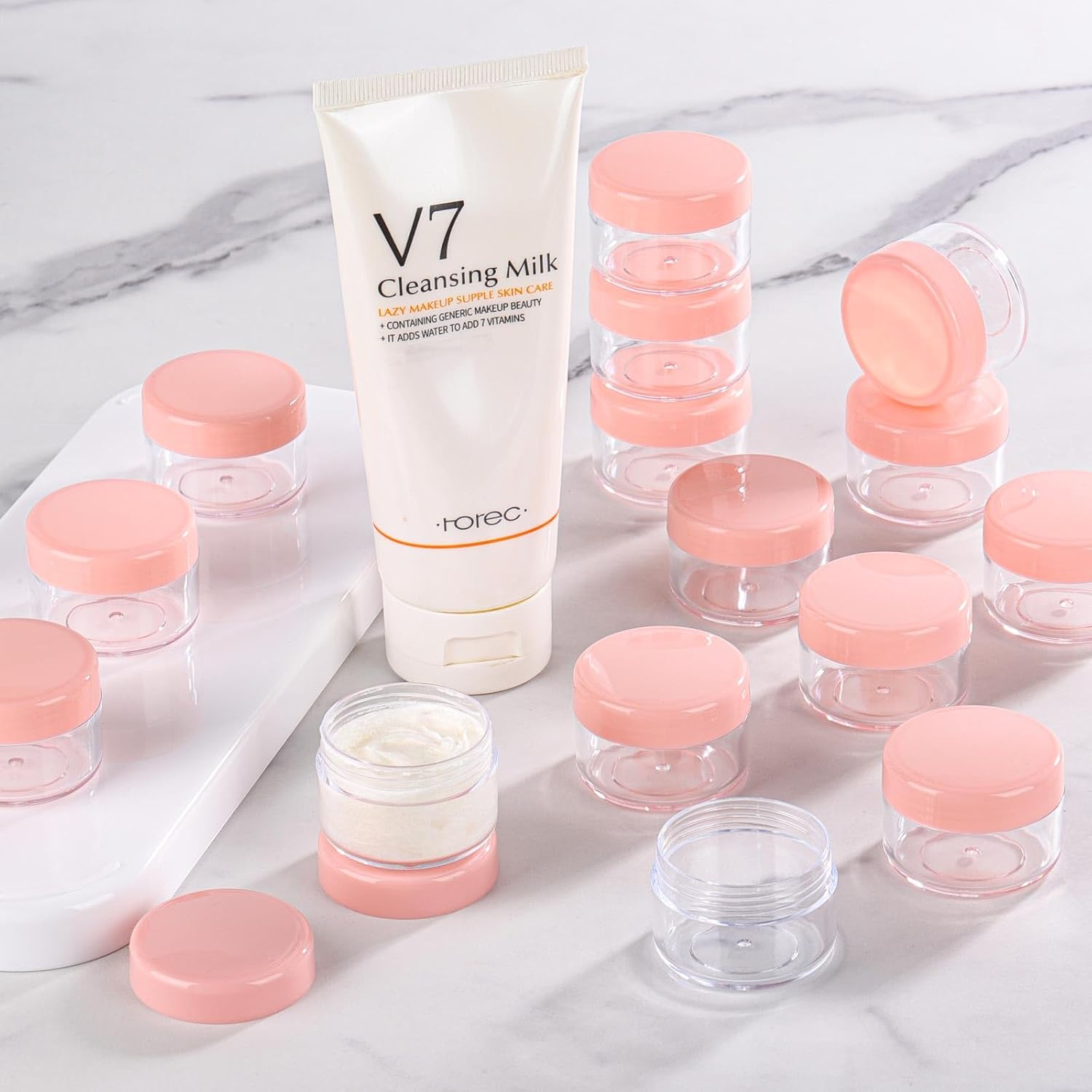 Refillable Cosmetic Sample Jars - 100 Pack 15g (0.5oz) Pink Small Travel Containers with Lids + 10 Mini Makeup Spatulas - BPA Free-BrightBean Baby