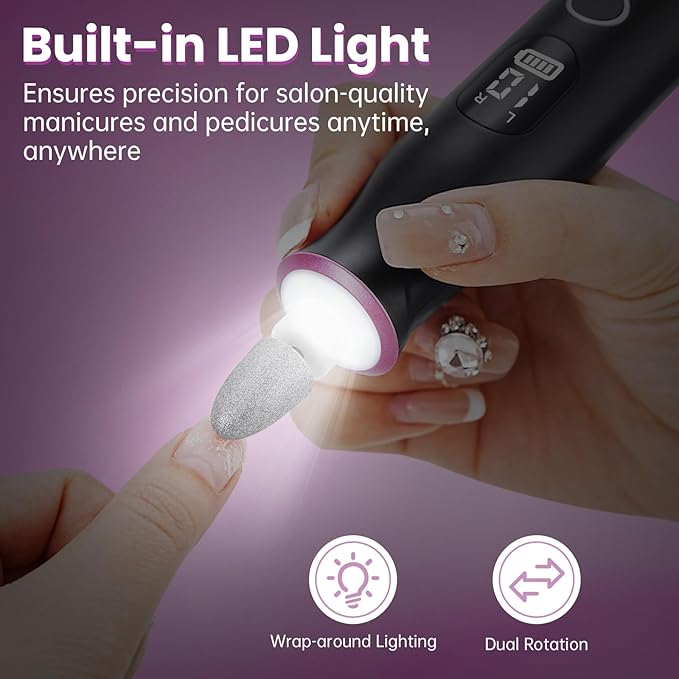 Electric Nail Drill, Cordless 2000 mAh Rechargeable Portable Nail File 12 in 1 Kit for Thick Toenails, 10 Speeds Nail Dril Machine Professional Manicure Pedicure for Hand Natural Nails Care (Black)-BrightBean Baby