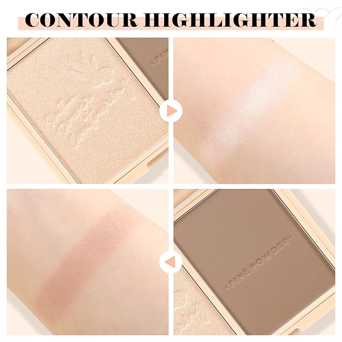 Boobeen Highlighter Contour Makeup Palette Face Matte Bronzer Powder, Compact Contouring Blush for Cheeks, Natural Long Lasting with Brush-BrightBean Baby