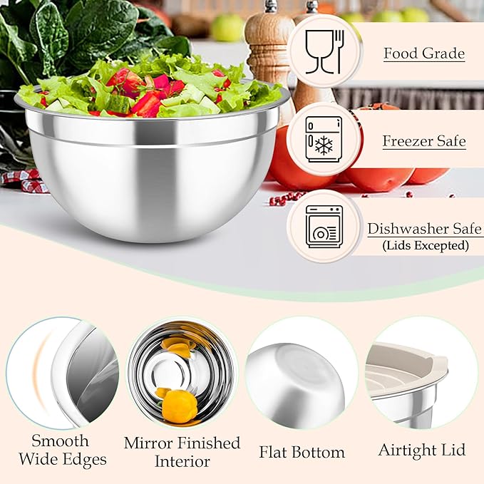 TeamFar Mixing Bowls, 6PCS Stainless Steel Nesting Mixing Salad Bowl with Lids & 3 Grater Attachments, for Food Cooking Baking Storing, Healthy, Khaki - 4.6/2.6/2 / 1.5/1 / 0.7 QT