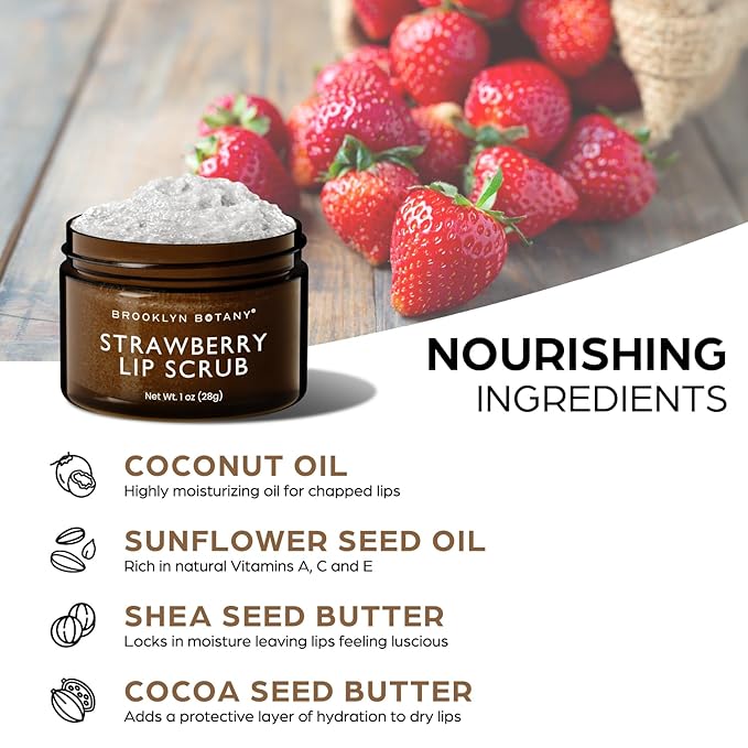 Brooklyn Botany Lip Scrub Exfoliator 1 oz – Lip Moisturizer for Dry Lips and Chapped Lips – Gentle Lip Exfoliator for Smooth and Brighter Lips – Strawberry Flavor-BrightBean Baby