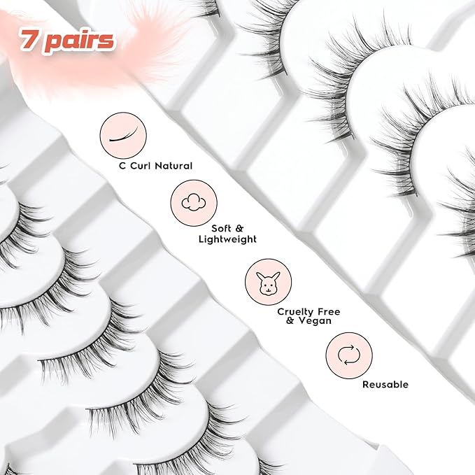 Manga Lashes Natural False Eyelashes 10MM Short Anime Lashes Thin Band Korean Lashes 3D Volume Strip Lashes Wispy Manhua Eyelashes 7 Pair Asian Lashes Siligli-BrightBean Baby