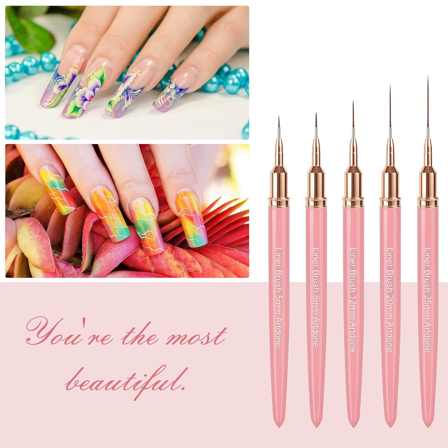Artdone Metallic Nail Art Pens, Liner Brushes Set, 5PCS Pink Color Nail Tools For Long Lines, Thin Details, Fine Drawing, Liner Brush UV Gel Polish Painting Nail Design Sizes 5/8/12/20/25mm-BrightBean Baby
