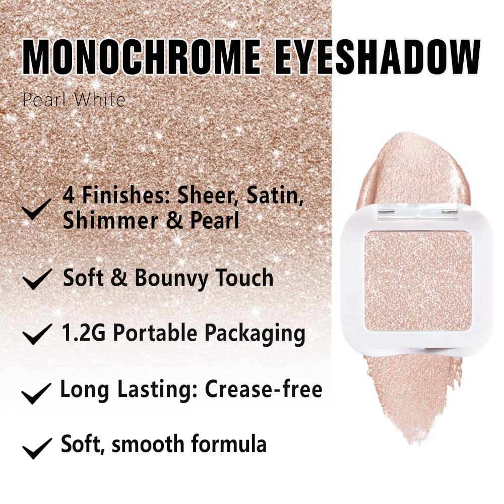 Glitter Singe Eye Shadow Palette Makeup, Pearl White Glitter Monochrome Eyeshadow For Old Women, Mini Pressed Pigmented Waterproof Sombras Para Ojos, Vegan, Talc, Paraben & Cruelty Free, 12-BrightBean Baby