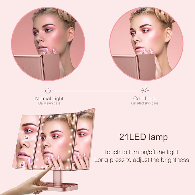 HUONUL Makeup Mirror, 10X 3X 2X Magnification, Lighted Makeup Mirror, Touch Control, Dual Power Supply, Portable LED Mirror, Women Gift (Rose Gold)-BrightBean Baby