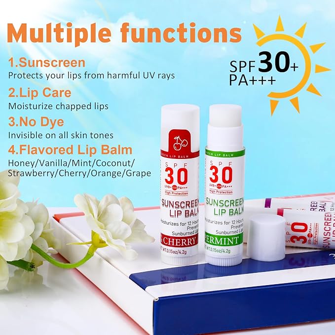 SPF 30 Lip Balm with Sunscreen, SPF Lip Balm Bulk Travel Size-64 Pack, Hydrating Lip Balm Pack with Vitamin E and Coconut Oil- 8 Flavors-BrightBean Baby