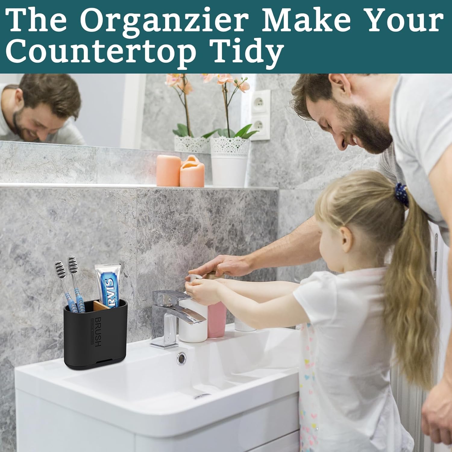 Toothbrush and Toothpaste Holder with Bamboo Divider for Bathroom Countertop Organizer, Detachable for Easy Clean, 2 Slots Electric Toothbrush Holders Storage Caddy Drainage for Family-Black-BrightBean Baby