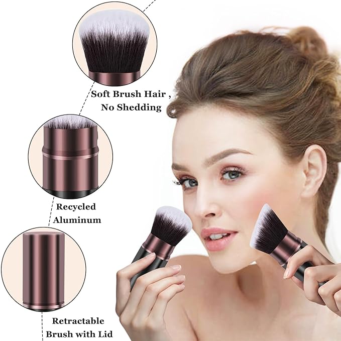 Retractable Makeup Brush, Travel Kabuki Powder Makeup Brush 2 Pack, Foundation Face Blush Brushes for Blending Liquid, Blush, Bronzer, Buffing, Sunscreen,Flawless Cosmetics-BrightBean Baby