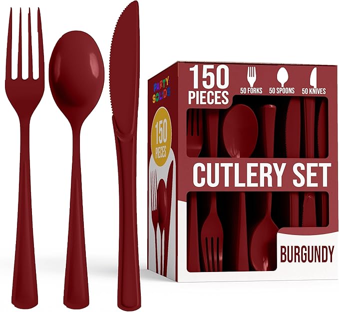 Party Solids Burgundy Plastic Silverware Heavy Duty 150 Pieces Burgundy Plastic Cutlery Sets, Utensil Sets, 50 Of Each Forks, Knives & Spoons Disposable Cutlery Set, Flatware Set For Party Supplies