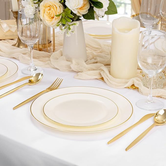 bUCLA 200PCS Ivory Plastic Plates with Gold Rim - Heavy Duty Cream Disposable Include 100 Dinner 10 inch & 100 Dessert 7 inch Plates, Ideal for Party & Thanksgiving