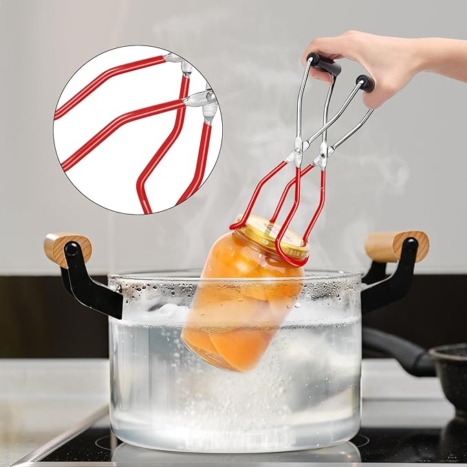Canning Jar Lifter, Canning Tongs Jar Lifter, Canning Tools, Canning Supplies, Stainless Steel Jar Lifter with Rubber Grip Handle for Home Kitchen, Red