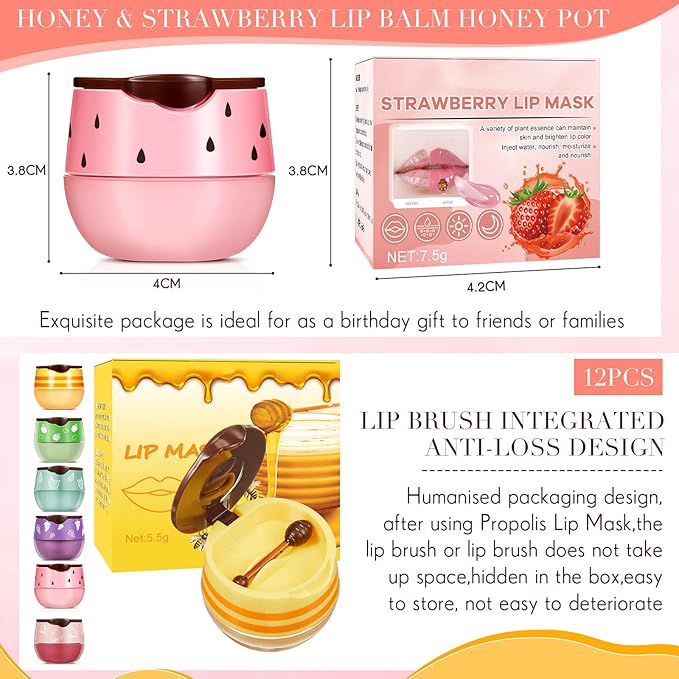 12 Pcs Bee Lip Balm Honey Pot with Brush Propolis Lip Mask Overnight, Moisturizing Hydrating Lip Sleeping Mask Prevention Dry and Cracked(Honey+Peach+Grape+Strawberry+Apple Lime+Mint)-BrightBean Baby