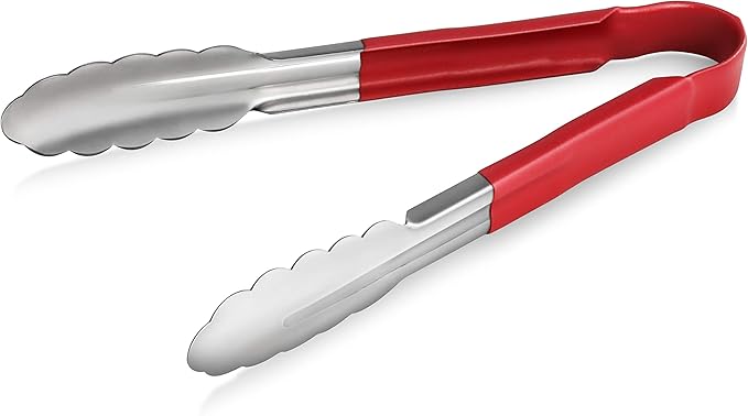 New Star Foodservice 35872 9-Inch Utility Spring Tongs, Stainless Steel, Vinyl Coated, Set of 12, Red