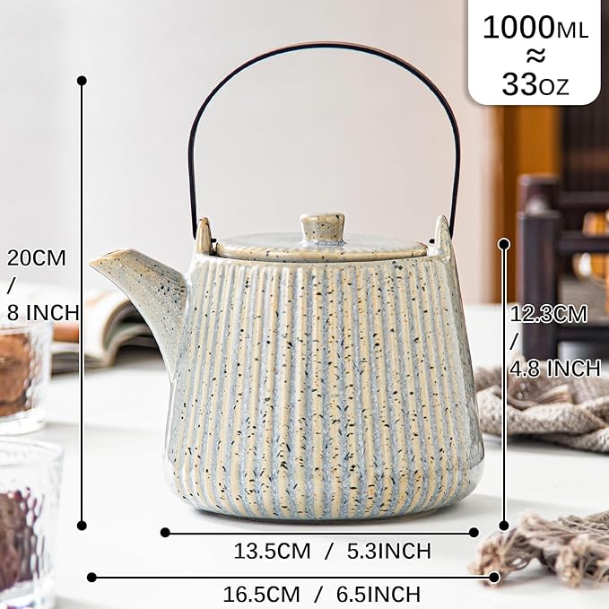 Yundu Grey with Blue Ceramic Teapots, 1000ml/33.8oz Tea Kettle, Enough for 4 Cups, Tea pot with infusers for loose tea, Striped Tea Pot with Removable Tea infuser