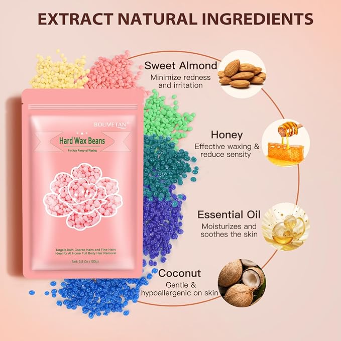 Wax Beads for Hair Removal, 2.2lb/1000g Hard Waxing Beans for Full Body, Brazilian, Bikini, Face, Eyebrows, Home Wax Refill for Women & Men, Pack of 10 with Pre & Post Oil-BrightBean Baby