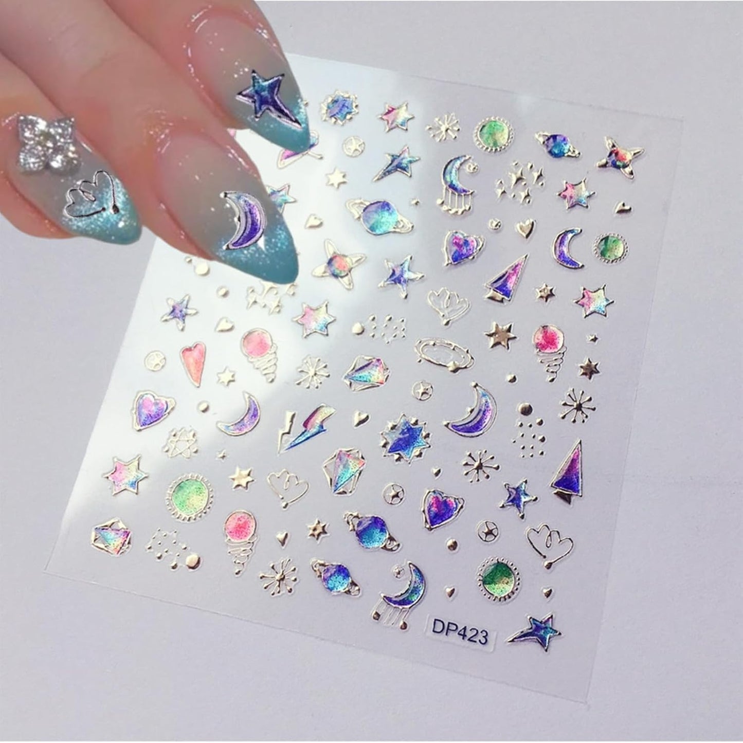 4 Sheets Star Sun Moon Nail Art Stickers 3D Holographic Self Adhesive Glitter Colorful Floral Nail Stickers Sparkly Heart Gems Design Nail Supplies for Women and Girls DIY Manicure Decoration-BrightBean Baby