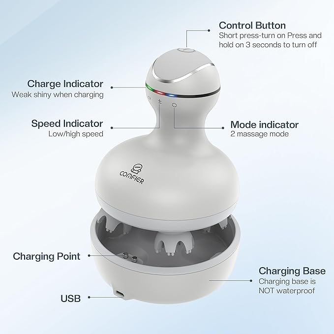 COMFIER Electric Scalp Head Massager with 4 Soft Silicone Massage Heads, Portable Hair Massager for Hair Growth, Relieve Stress, Head Scratcher for Deep Relaxation, Dog Cat Massager, Gray-BrightBean Baby