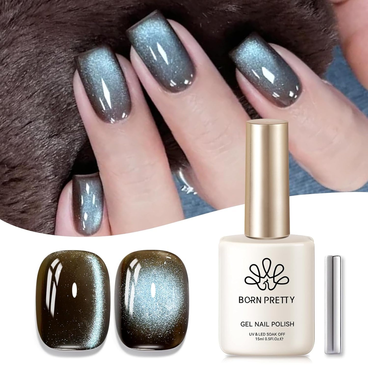 BORN PRETTY Cat Magnetic Eye Gel Nail Polish, Mint Chocolate Blue Glitter Cat Magnetic Gel Nail Polish Magnetic Nail Polish for Nail Art Manicure Salon DIY at Home 15ML-BrightBean Baby