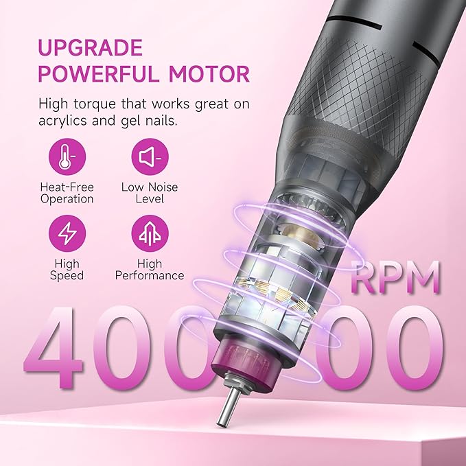 Electric Nail Drill Professional, Portable Nail File for Acrylic Gel Nails, Cordless Rechargeable Ultra Power Nail Drill Kit 40000RPM, HMC320 Salon-Grade Efile Nail Machine (Dark Grey)-BrightBean Baby