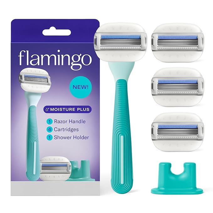 Flamingo Moisture Plus Women's Razor Set - Razor Handle, 4 Blade Refills, Shower Holder - Seafoam-BrightBean Baby