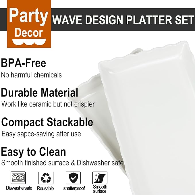 KAQAHIDO 17" x 8" x 1.5" White Serving Tray Set, Wave Edge Melamine Platters for Cookie, Appetizer, Charcuterie, Snack, Dessert, Party Food Display, Stackable, Set of 2