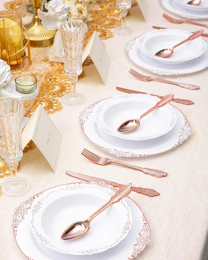 100 Pack White Plastic Bowls with Rose Gold Rim, 12oz Plastic Dessert Bowl, Bowls Disposable Heavy Duty for Hot Soup, Dessert, Salad, Cake, Ice Cream, Fruit