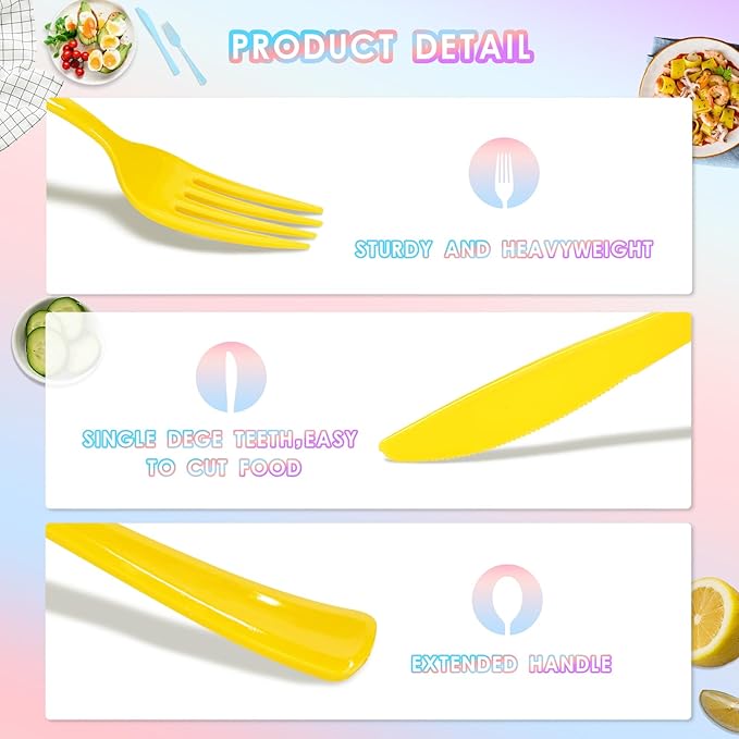 300 Pack Pink Blue Purple Yellow Disposable Plastic Silverware Heavy Duty, Plastic Cutlery Set,Forks and Spoons Knives Set for Birthday Party Prom Night, Weddings, (Macaron Colors)