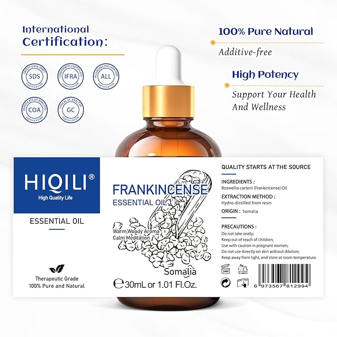 HIQILI 30ML Frankincense Essential Oil, Relaxing, Skin Care, Camp Atmosphere Creation, Can be Added to Body Lotions, Creams, Aromatherapy Use - 1 Fl Oz-BrightBean Baby
