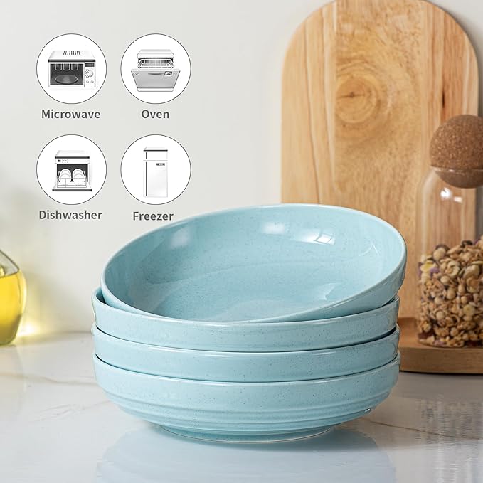 HAPPY KIT Stoneware Pasta Bowl Set of 4, 9'' Large Salad Bowls,42 Oz, Reactive Glaze Serving Bowls, Microwave Dishwasher Safe, Ocean Current Blue