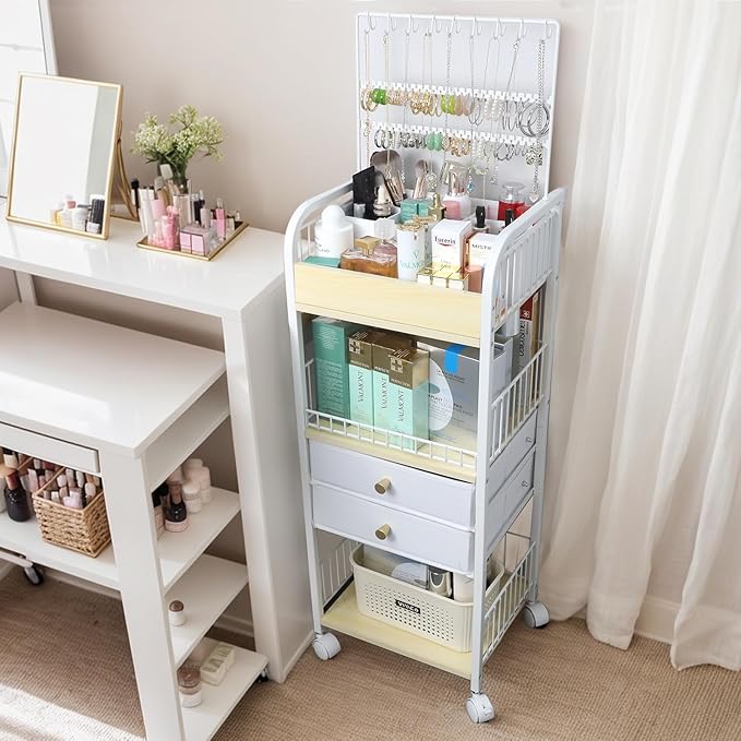 YGJT Makeup Organizer, Floor Skincare Cosmetics Organizer with Drawers, Jewelry Organizers and Storage for Earring Necklace, Vanity Organizer for Skin Care Perfume Makeup Brush Nail Polish Hair Tool-BrightBean Baby