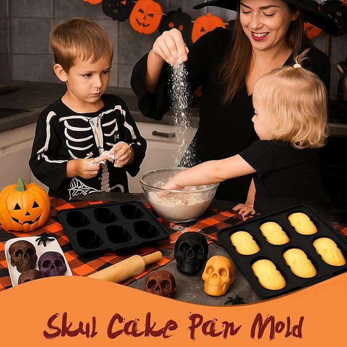 Metal Framed Silicone Skull Cake Pan - 6 Cavity Skull Baking Pan & Silicone Mold for Halloween Parties & Baking Fun | Food-Safe Non-Stick Ice Cube Tray, Cupcake Maker