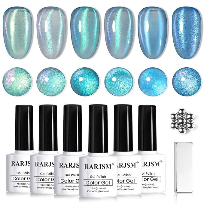 RARJSM Blue Cat Eye Gel Nail Polish Set 6pcs Reflective Diamond Glitter Clear Light Gray Sea Blue Green Tone Glass Cateye Gelpolish with Magnet Stick 7.5ml Curing Requires Soak Off for Home Salon-BrightBean Baby