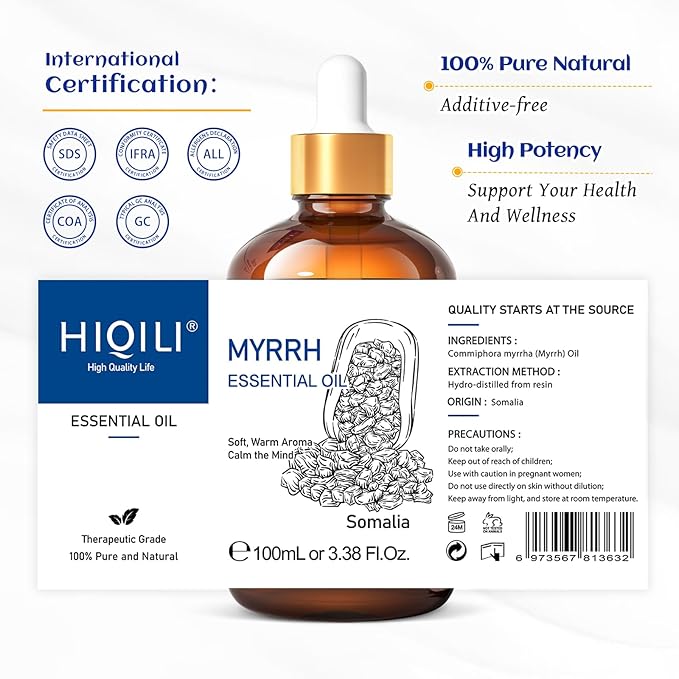 HIQILI 100ML Myrrh Essential Oil for Skin, Diffuser & Candle, 100% Pure and Natural - 3.38 Fl Oz-BrightBean Baby