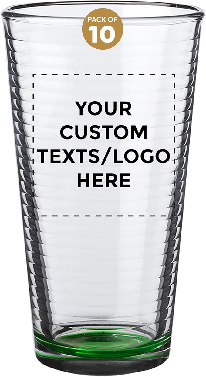Custom Spiral Pint Glass 16 oz. Set of 10, Personalized Bulk Pack - Beer Glasses, Heavy Duty Drinkware - Green