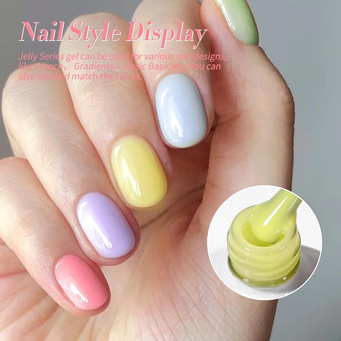 Born Pretty Jelly Pastel Gel Nail Polish 6 Colors Spring Summer Yellow Green Blue Purple Pink Candy Sweet Colors Apex Building Effect Gel Polish Kit Nail Art Gel Manicure Kit DIY at Home Salon Gifts-BrightBean Baby