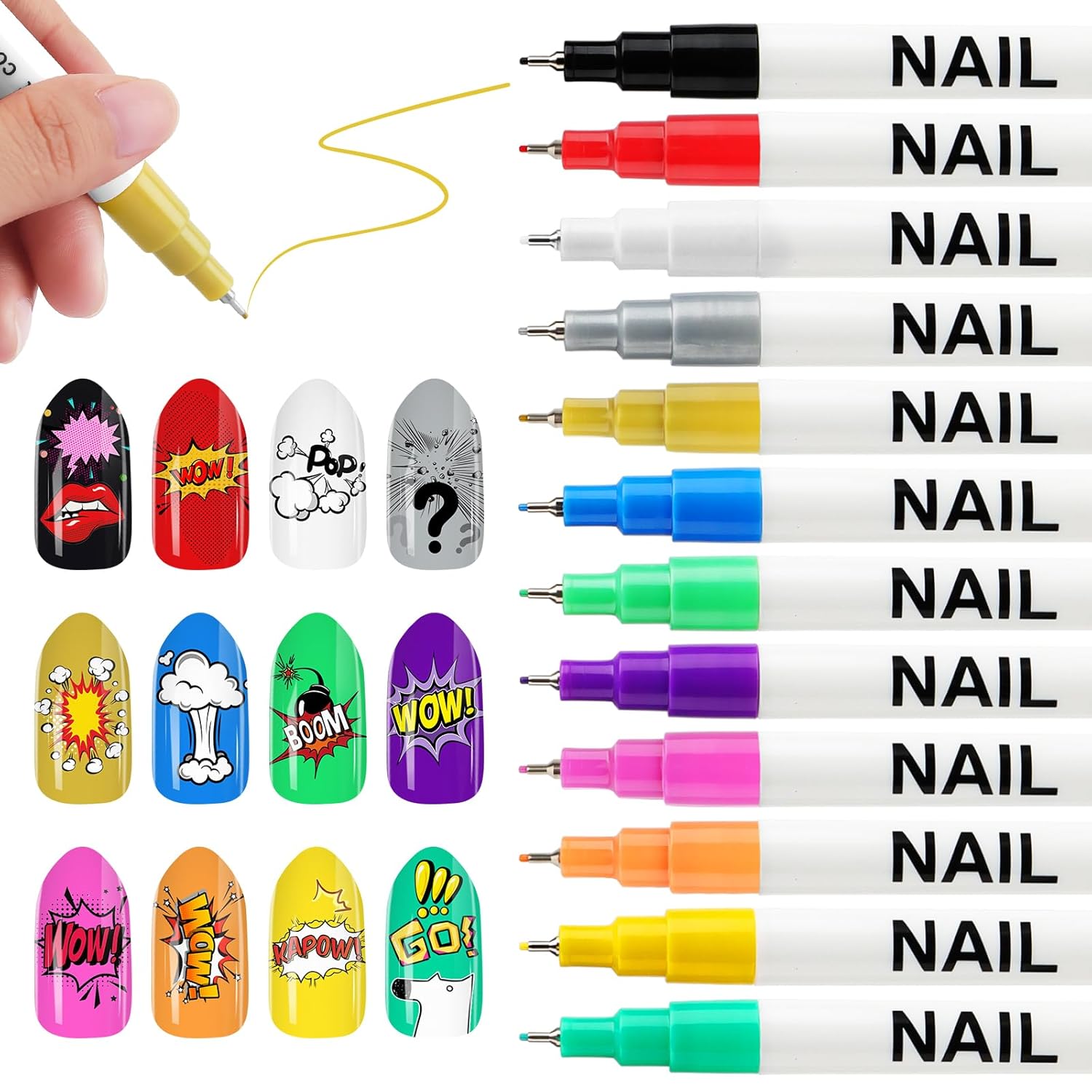 12 Color 3D Nail Art Pens Set, Kalolary Nail Point Graffiti Dotting Pen Drawing Painting Liner Brush for DIY Nail Art Beauty Adorn Manicure Tools-BrightBean Baby