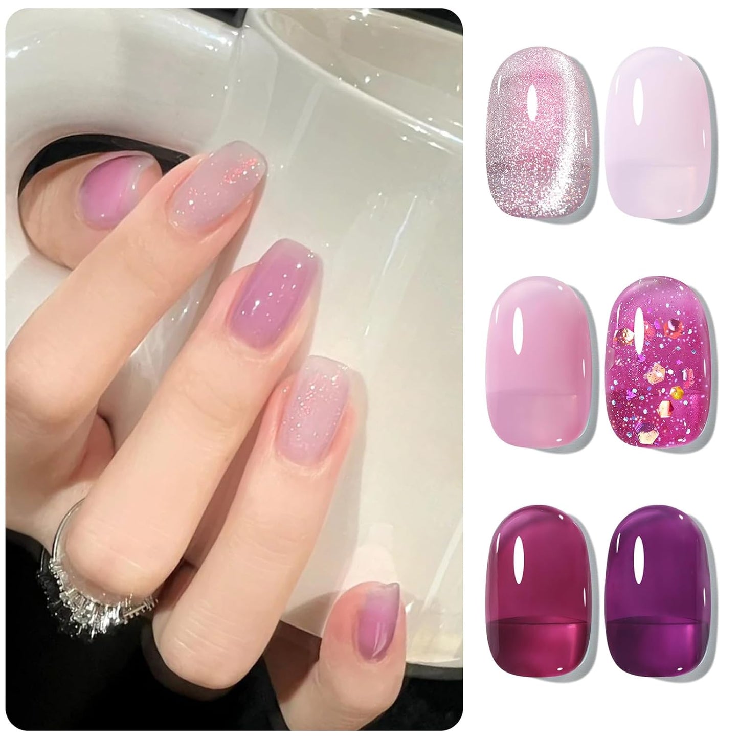 BORN PRETTY Jelly Purple Gel Nail Polish Transparent Sheer Pink Grape Purple Shimmer Glitter Jelly Gel Polsih Nail Art Manicure DIY at Home 6PCS-BrightBean Baby