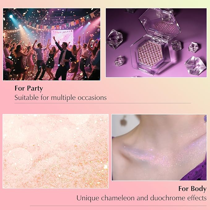 Rose Gold Glitter Eyeshadow Palette, Multichrome Chameleon Cream to Powder Eye Shadow, Color Shifting Holographic Eyeshadow Shimmer Inner Corner Eye Brightener Highlighter Makeup-BrightBean Baby
