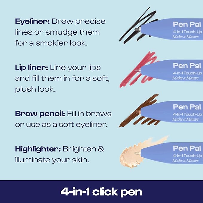 Alleyoop Pen Pal Touch-Up 4-in-1 Makeup Pen, Make A Mauve (Light - Medium) - Travel Make Up Set with Eyeliner, Brow Pencil, Highlighter & Lip Liner - High-Pigment Formula, Easy & Smooth Application-BrightBean Baby