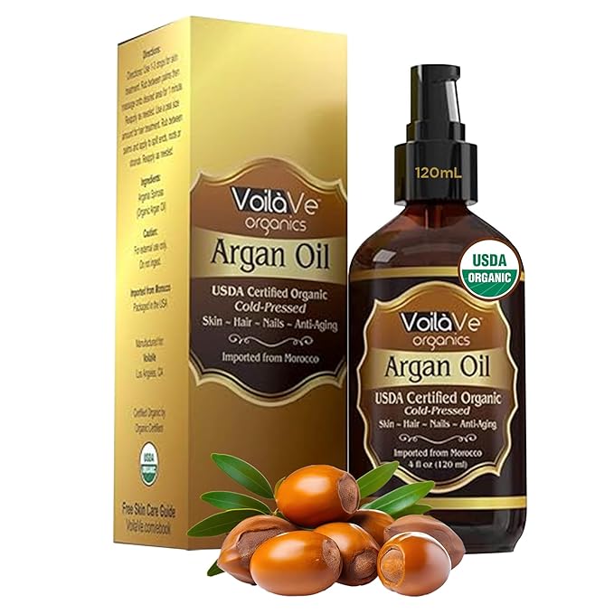 VoilaVe USDA and ECOCERT 100% Pure Organic Moroccan Argan Oil for Skin, Nails & Hair Growth, Anti-Aging Face Moisturizer, Cold Pressed, Hair Moisturizer, Rich in Vitamin E, As Seen On TV - 4 fl oz-BrightBean Baby