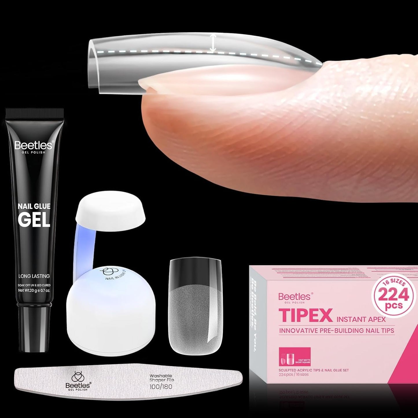 Beetles Tipex Instant Apex Nail Tips Kit Short Square , 224 Pcs Pre-Building Pre-Etched False Nail Tips with Tipex Nail Glue, Mini Nail Lamp-Thick Acrylic Nail Tips Set-BrightBean Baby