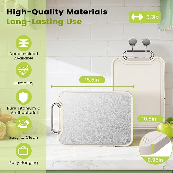 Titanium Cutting Board for Kitchen, Cutting Boards Non Toxic Double Sided Metal Pure Titanium and Wheat Straw PP Chopping Board Food Grade Easy to Clean Large Size 16"*10"*0.9"(White)