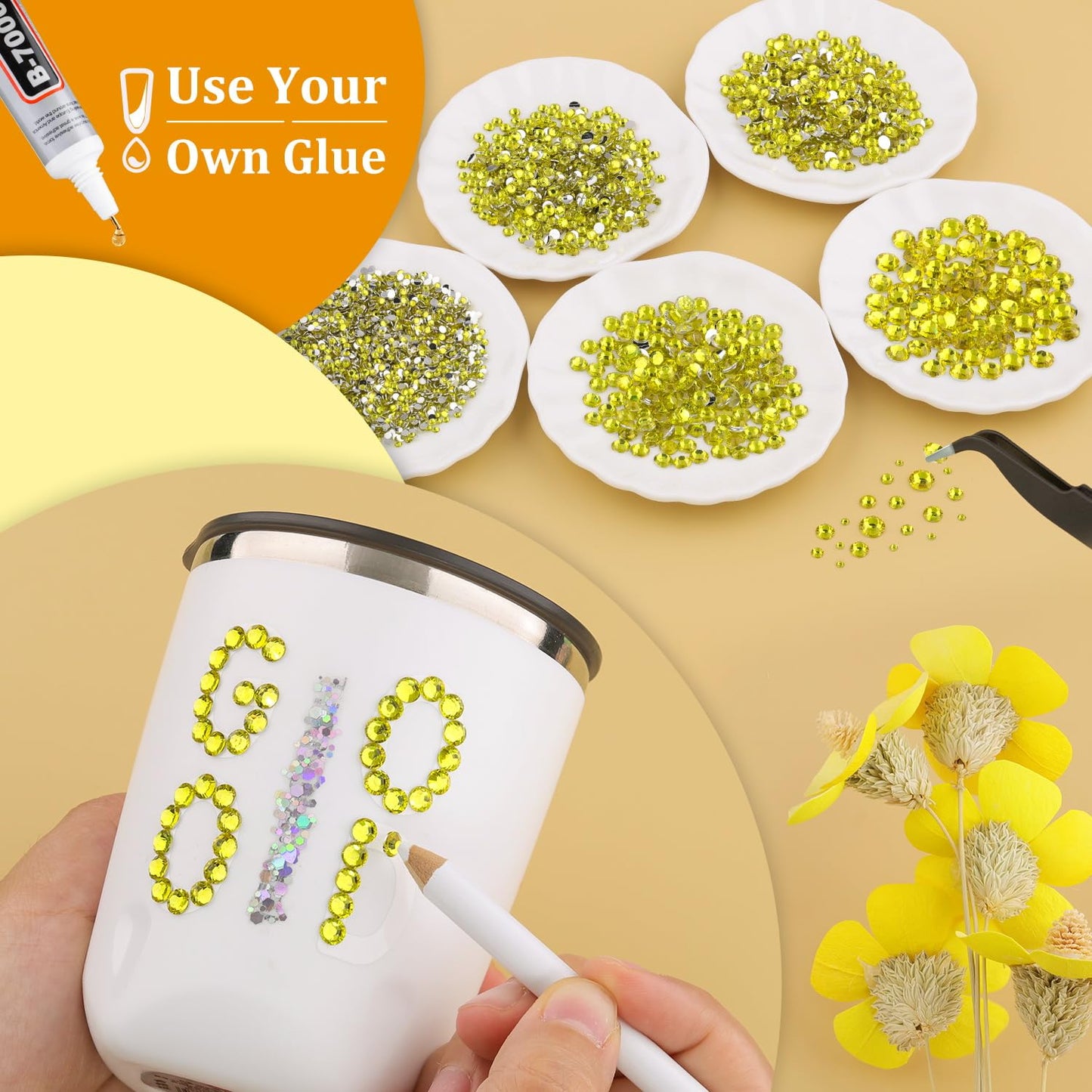 Resin Rhinestones for Crafting, 1 Box Lemon Yellow Multi Sizes Flatback Bedazzling Crystals for Crafts Nail Art Deco, Non Hotfix Gems Charms for Tumbler Shoes Clothing Fabric Face Makeup-BrightBean Baby