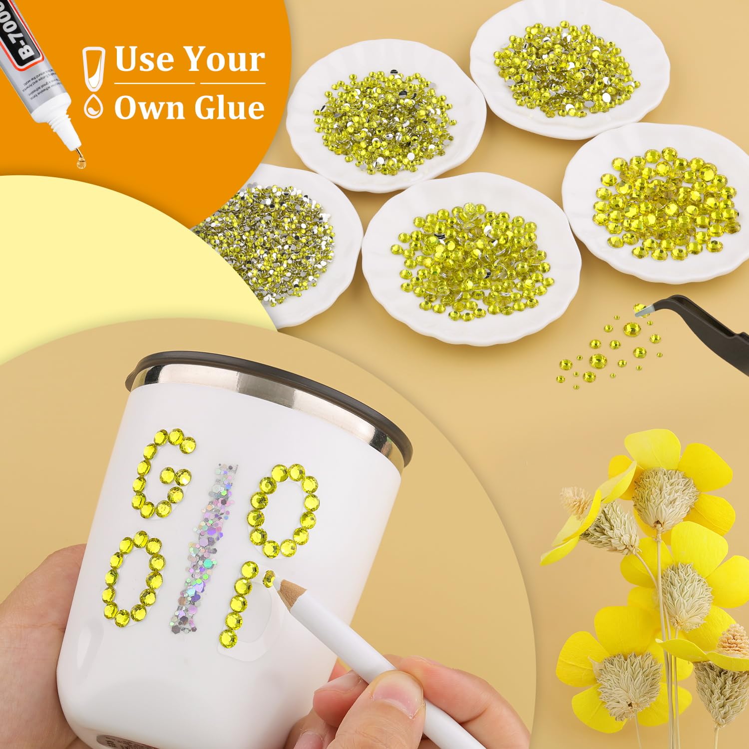 Resin Rhinestones for Crafting, 1 Box Lemon Yellow Multi Sizes Flatback Bedazzling Crystals for Crafts Nail Art Deco, Non Hotfix Gems Charms for Tumbler Shoes Clothing Fabric Face Makeup-BrightBean Baby