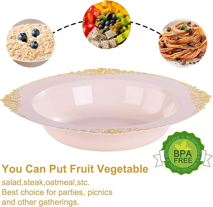 Nervure 50PCS Pink Plastic Bowls with Gold Rim - 12oz Disposable Soup Bowls, Heavy Duty Salad Ice Cream Bowl Perfect For Weddings, Parties and Everyday Use