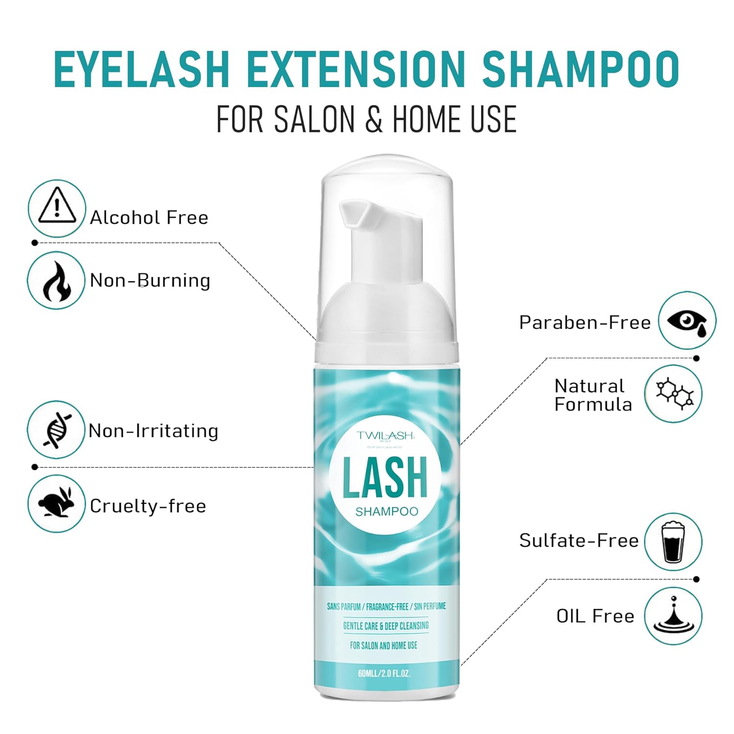 Lash Shampoo for Lash Extensions 2 Fl Oz / 60ml - Includes 2 Lash Shampoo Brushes for Cleansing - Eyelash Extension Cleanser for Professional Salon and Home Use (Unscented-60ml)-BrightBean Baby