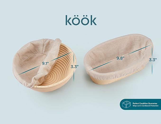 Bread Proofing Set, by Kook, Sourdough Bread, Rattan Baskets and Liners, 1 Round and 1 Oval Banneton Basket, Dough Scrapers, Scoring Lame & Case, 4 Blades, Brush, Plastic Dough Cover, Set of 2