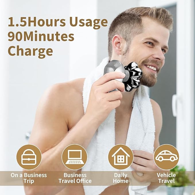 Detachable Head Shavers, SHPAVVER 5 in 1 Electric Razor IPX7 Waterproof for Bald Men, Wet Dry LED Display Rechargeable 7D Rotary Shaver Grooming Kit with Type C Charge A，Bright Silver-BrightBean Baby