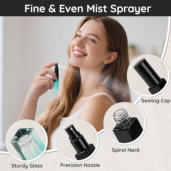 Segbeauty 0.34oz Refillable Perfume Bottle Travel, 5 Pack Glass Spray Bottles for Perfume, 10ml Empty Mini Fine Mist Cologne Travel Bottle, Portable Cologne Sprayer Atomizer with Refill Tool Kit-BrightBean Baby