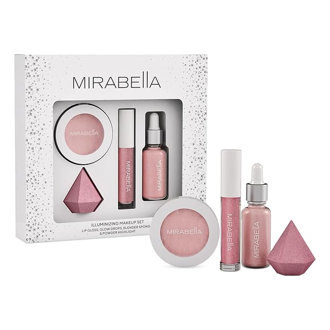 Mirabella 4-Piece Makeup Set for Women & Girls, Illuminizing Holiday Gift Set - Make-Up Set Includes Lip Gloss, Glow Drops, Powder Highlight & Blender Sponge - Talc-Free & Paraben Free Cosmetic Set-BrightBean Baby